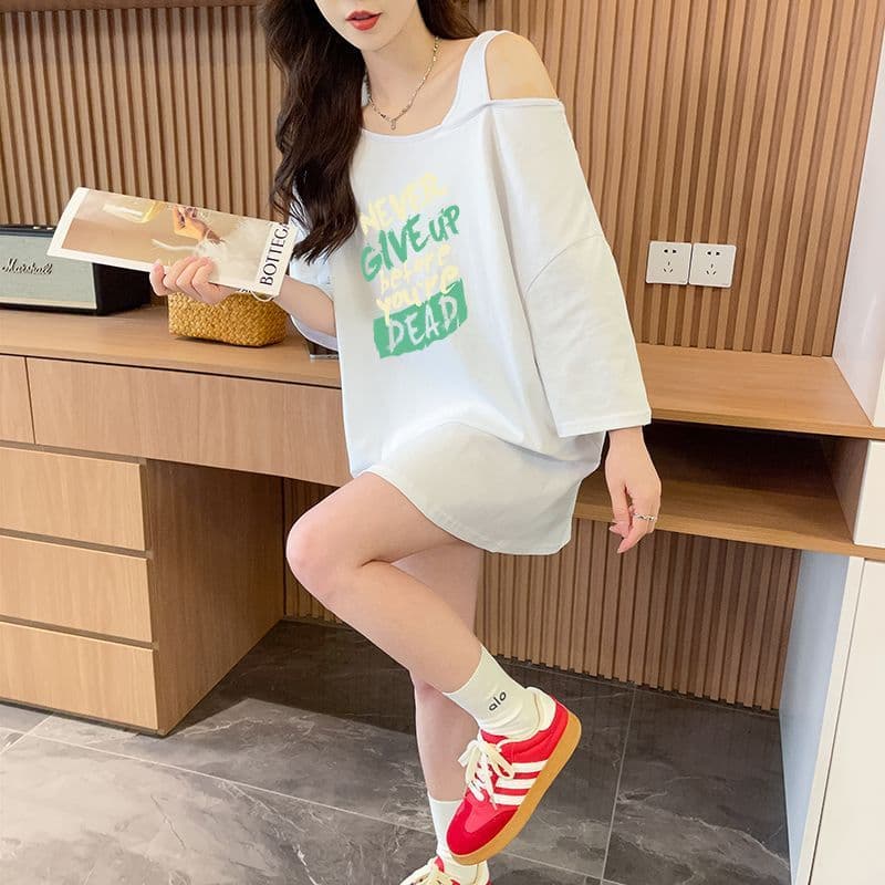 실사 정가 흔들어서 톤 품질 순면 디자인 센스 루즈핏 오프숄더 패션 반팔 t 상세 이미지 10