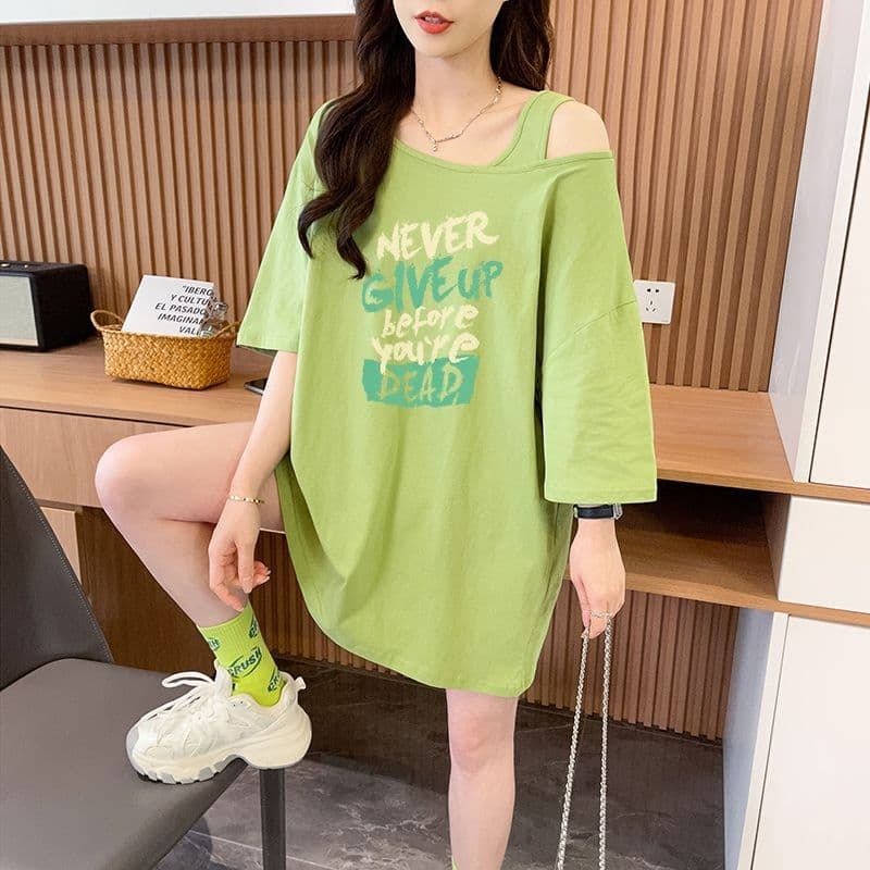 실사 정가 흔들어서 톤 품질 순면 디자인 센스 루즈핏 오프숄더 패션 반팔 t 상세 이미지 12