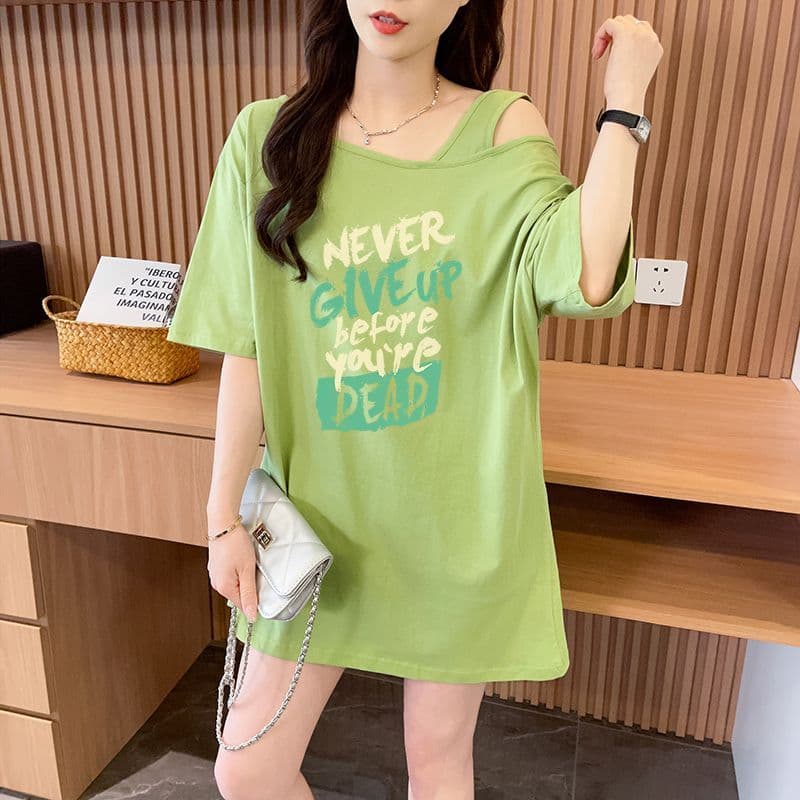 실사 정가 흔들어서 톤 품질 순면 디자인 센스 루즈핏 오프숄더 패션 반팔 t 상세 이미지 13