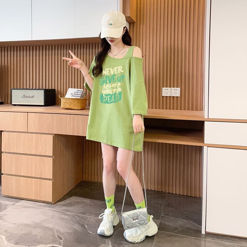 실사 정가 흔들어서 톤 품질 순면 디자인 센스 루즈핏 오프숄더 패션 반팔 t 상세 이미지 14