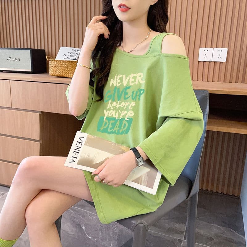 실사 정가 흔들어서 톤 품질 순면 디자인 센스 루즈핏 오프숄더 패션 반팔 t 상세 이미지 15