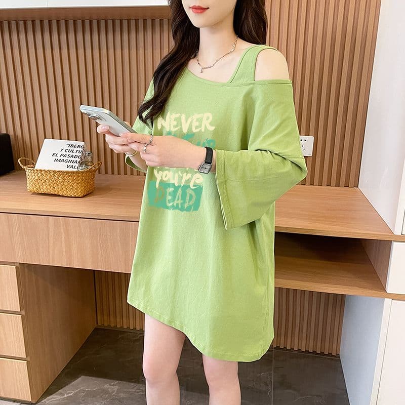실사 정가 흔들어서 톤 품질 순면 디자인 센스 루즈핏 오프숄더 패션 반팔 t 상세 이미지 16