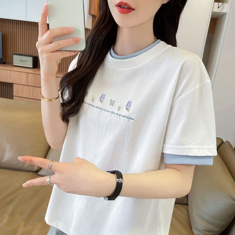 실사 62 면 38 폴리 에스터 반팔 셔츠 여성 여름 드레스 반팔 얇은 스타일 흐름 자수 자수 루즈핏 작은 키 페이크 레이어드 맨위 이미지 2