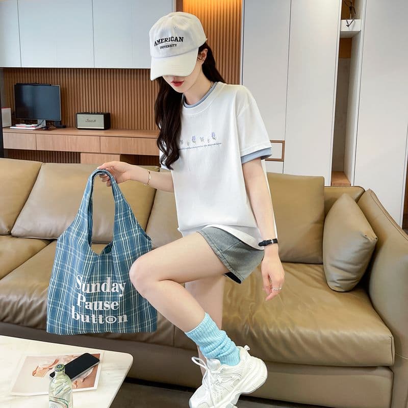 실사 62 면 38 폴리 에스터 반팔 셔츠 여성 여름 드레스 반팔 얇은 스타일 흐름 자수 자수 루즈핏 작은 키 페이크 레이어드 맨위 상세 이미지 6