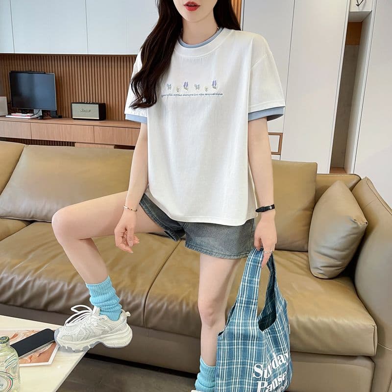 실사 62 면 38 폴리 에스터 반팔 셔츠 여성 여름 드레스 반팔 얇은 스타일 흐름 자수 자수 루즈핏 작은 키 페이크 레이어드 맨위 상세 이미지 7