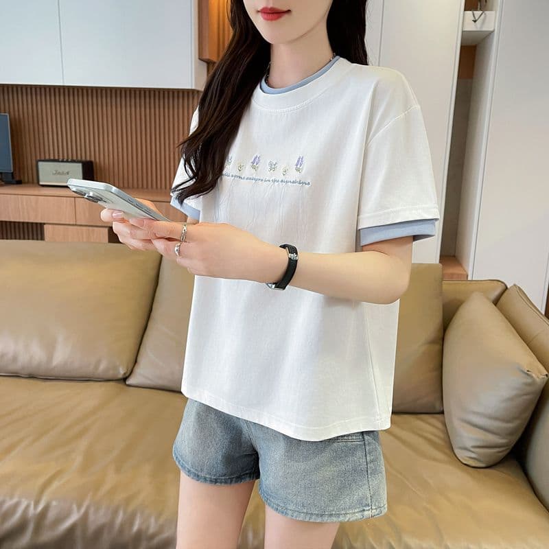 실사 62 면 38 폴리 에스터 반팔 셔츠 여성 여름 드레스 반팔 얇은 스타일 흐름 자수 자수 루즈핏 작은 키 페이크 레이어드 맨위 상세 이미지 8