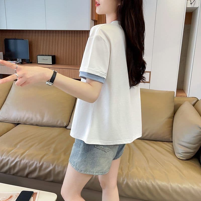 실사 62 면 38 폴리 에스터 반팔 셔츠 여성 여름 드레스 반팔 얇은 스타일 흐름 자수 자수 루즈핏 작은 키 페이크 레이어드 맨위 상세 이미지 11