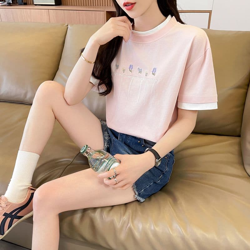 실사 62 면 38 폴리 에스터 반팔 셔츠 여성 여름 드레스 반팔 얇은 스타일 흐름 자수 자수 루즈핏 작은 키 페이크 레이어드 맨위 상세 이미지 20