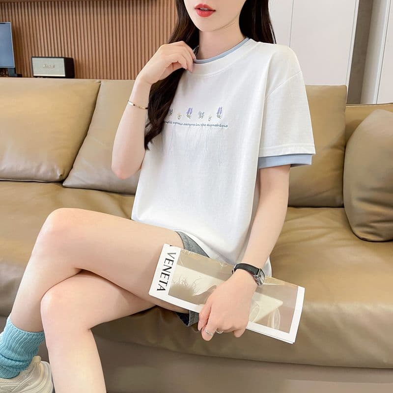 실사 62 면 38 폴리 에스터 반팔 셔츠 여성 여름 드레스 반팔 얇은 스타일 흐름 자수 자수 루즈핏 작은 키 페이크 레이어드 맨위 상세 이미지 25