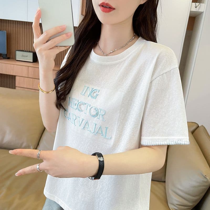 실사 얼음 센스 눈꽃 면 사탕 색상 반팔 셔츠 여성 여름 드레스 반팔 얇은 스타일 비즈 박기 루즈핏 작은 키 맨위