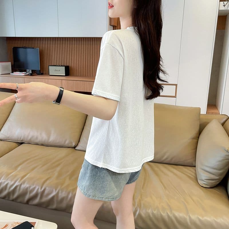 실사 얼음 센스 눈꽃 면 사탕 색상 반팔 셔츠 여성 여름 드레스 반팔 얇은 스타일 비즈 박기 루즈핏 작은 키 맨위 이미지 4