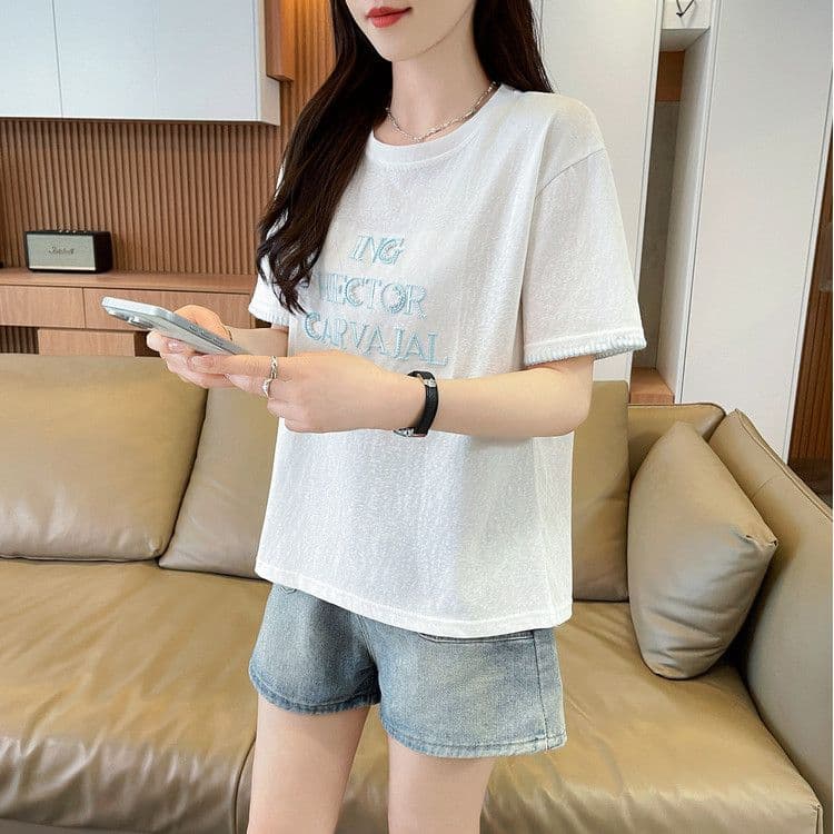 실사 얼음 센스 눈꽃 면 사탕 색상 반팔 셔츠 여성 여름 드레스 반팔 얇은 스타일 비즈 박기 루즈핏 작은 키 맨위 상세 이미지 1