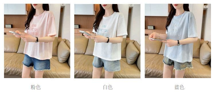 실사 얼음 센스 눈꽃 면 사탕 색상 반팔 셔츠 여성 여름 드레스 반팔 얇은 스타일 비즈 박기 루즈핏 작은 키 맨위 상세 이미지 4
