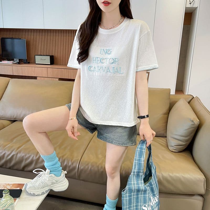 실사 얼음 센스 눈꽃 면 사탕 색상 반팔 셔츠 여성 여름 드레스 반팔 얇은 스타일 비즈 박기 루즈핏 작은 키 맨위 상세 이미지 7