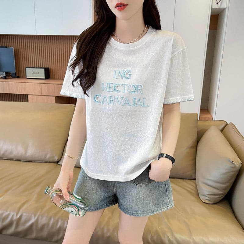 실사 얼음 센스 눈꽃 면 사탕 색상 반팔 셔츠 여성 여름 드레스 반팔 얇은 스타일 비즈 박기 루즈핏 작은 키 맨위 상세 이미지 8