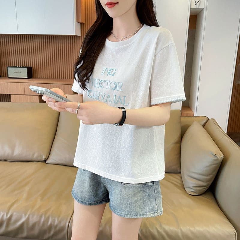 실사 얼음 센스 눈꽃 면 사탕 색상 반팔 셔츠 여성 여름 드레스 반팔 얇은 스타일 비즈 박기 루즈핏 작은 키 맨위 상세 이미지 9