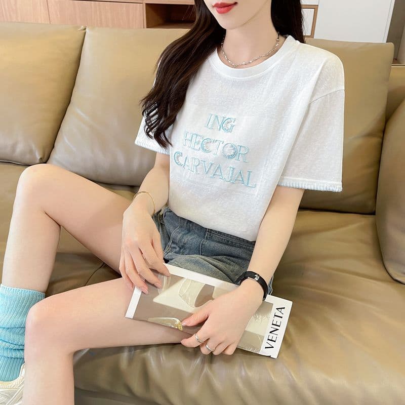 실사 얼음 센스 눈꽃 면 사탕 색상 반팔 셔츠 여성 여름 드레스 반팔 얇은 스타일 비즈 박기 루즈핏 작은 키 맨위 상세 이미지 12