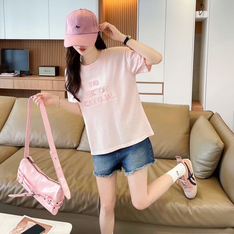 실사 얼음 센스 눈꽃 면 사탕 색상 반팔 셔츠 여성 여름 드레스 반팔 얇은 스타일 비즈 박기 루즈핏 작은 키 맨위 상세 이미지 14