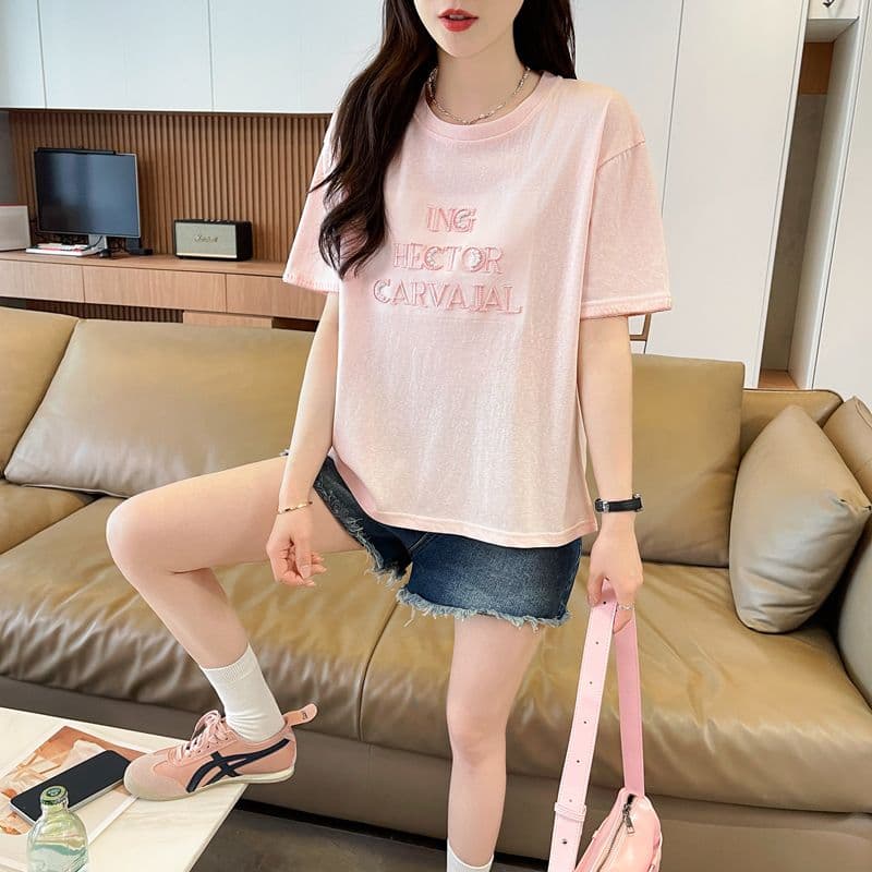 실사 얼음 센스 눈꽃 면 사탕 색상 반팔 셔츠 여성 여름 드레스 반팔 얇은 스타일 비즈 박기 루즈핏 작은 키 맨위 상세 이미지 15