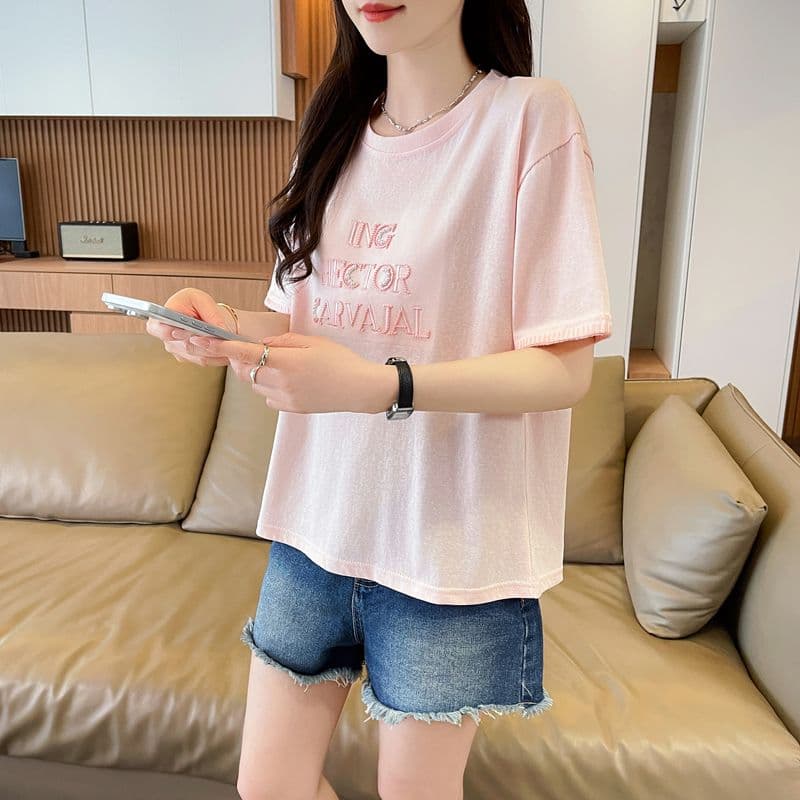 실사 얼음 센스 눈꽃 면 사탕 색상 반팔 셔츠 여성 여름 드레스 반팔 얇은 스타일 비즈 박기 루즈핏 작은 키 맨위 상세 이미지 16