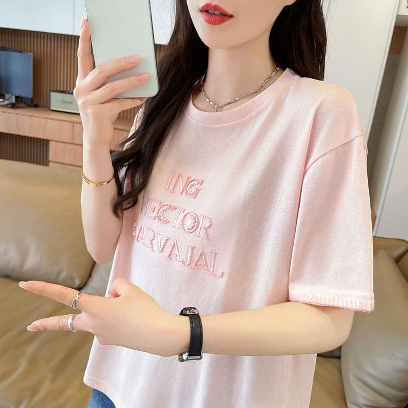 실사 얼음 센스 눈꽃 면 사탕 색상 반팔 셔츠 여성 여름 드레스 반팔 얇은 스타일 비즈 박기 루즈핏 작은 키 맨위 상세 이미지 17