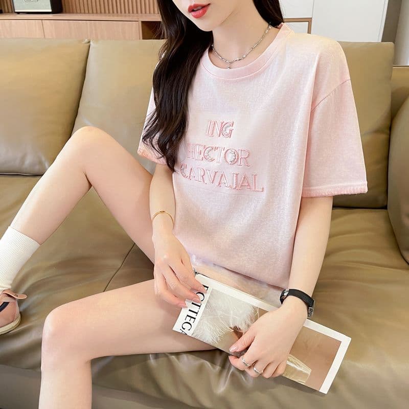 실사 얼음 센스 눈꽃 면 사탕 색상 반팔 셔츠 여성 여름 드레스 반팔 얇은 스타일 비즈 박기 루즈핏 작은 키 맨위 상세 이미지 19