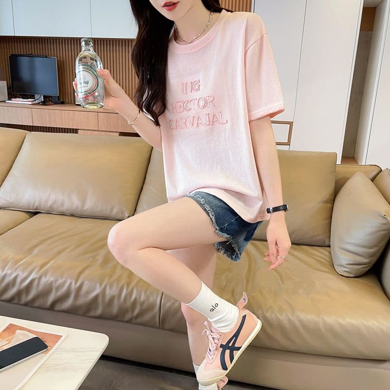 실사 얼음 센스 눈꽃 면 사탕 색상 반팔 셔츠 여성 여름 드레스 반팔 얇은 스타일 비즈 박기 루즈핏 작은 키 맨위 상세 이미지 20