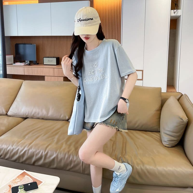 실사 얼음 센스 눈꽃 면 사탕 색상 반팔 셔츠 여성 여름 드레스 반팔 얇은 스타일 비즈 박기 루즈핏 작은 키 맨위 상세 이미지 22