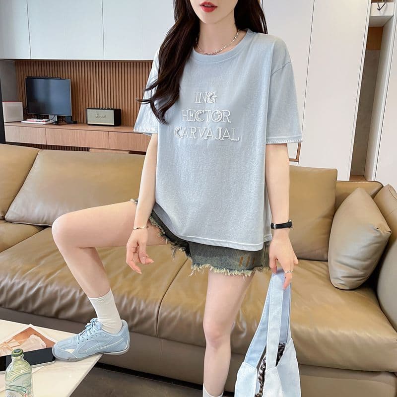 실사 얼음 센스 눈꽃 면 사탕 색상 반팔 셔츠 여성 여름 드레스 반팔 얇은 스타일 비즈 박기 루즈핏 작은 키 맨위 상세 이미지 23