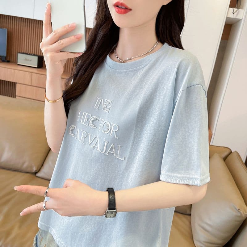 실사 얼음 센스 눈꽃 면 사탕 색상 반팔 셔츠 여성 여름 드레스 반팔 얇은 스타일 비즈 박기 루즈핏 작은 키 맨위 상세 이미지 25