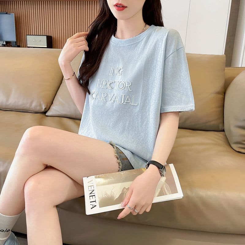 실사 얼음 센스 눈꽃 면 사탕 색상 반팔 셔츠 여성 여름 드레스 반팔 얇은 스타일 비즈 박기 루즈핏 작은 키 맨위 상세 이미지 28