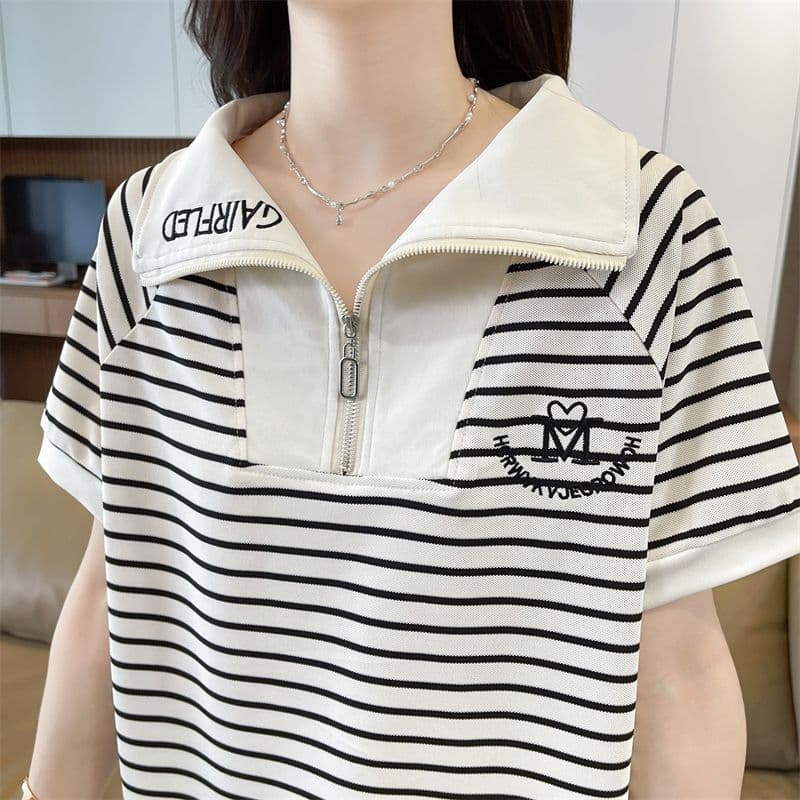 100 폴리에스터 2026 여름 새로운 한국 스타일 스트라이프 셔츠 POLO 칼라 지퍼 반팔 동정 여성 상세 이미지 4