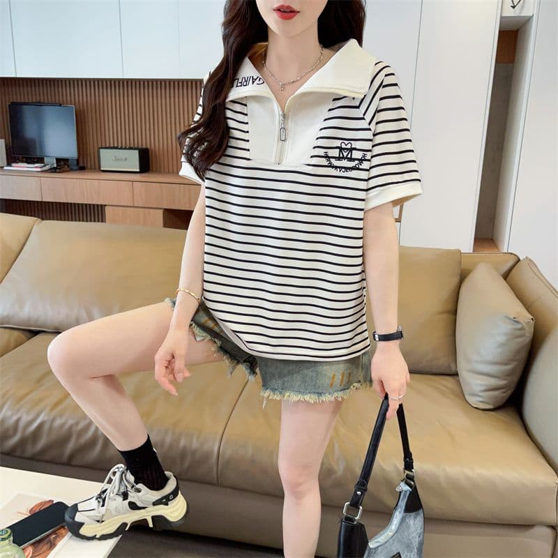 100 폴리에스터 2026 여름 새로운 한국 스타일 스트라이프 셔츠 POLO 칼라 지퍼 반팔 동정 여성 상세 이미지 7
