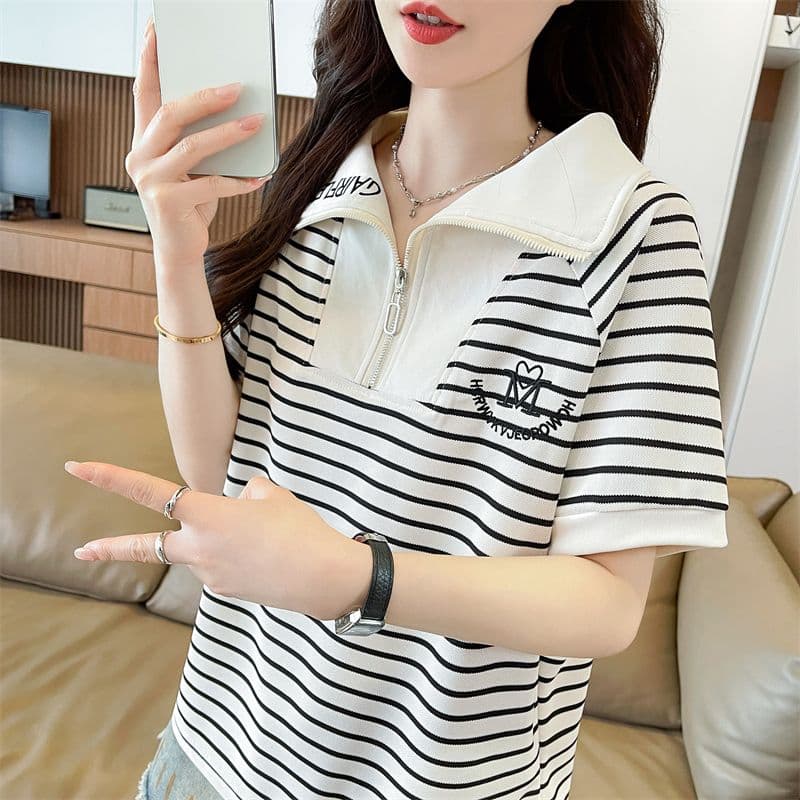 100 폴리에스터 2026 여름 새로운 한국 스타일 스트라이프 셔츠 POLO 칼라 지퍼 반팔 동정 여성 상세 이미지 9