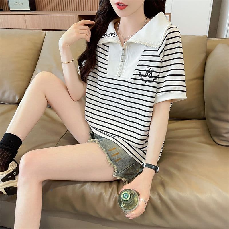 100 폴리에스터 2026 여름 새로운 한국 스타일 스트라이프 셔츠 POLO 칼라 지퍼 반팔 동정 여성 상세 이미지 12