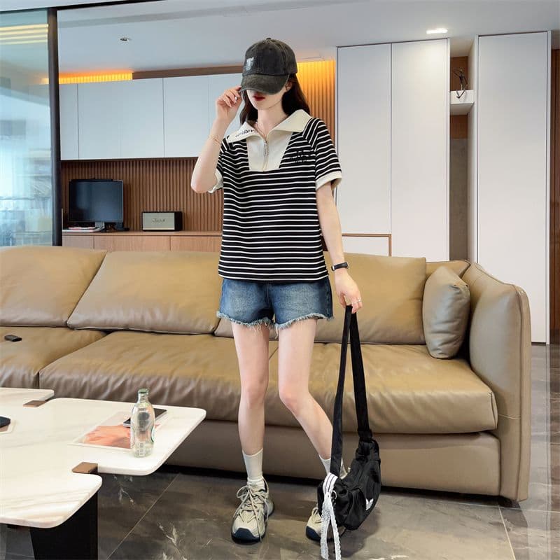 100 폴리에스터 2026 여름 새로운 한국 스타일 스트라이프 셔츠 POLO 칼라 지퍼 반팔 동정 여성 상세 이미지 13
