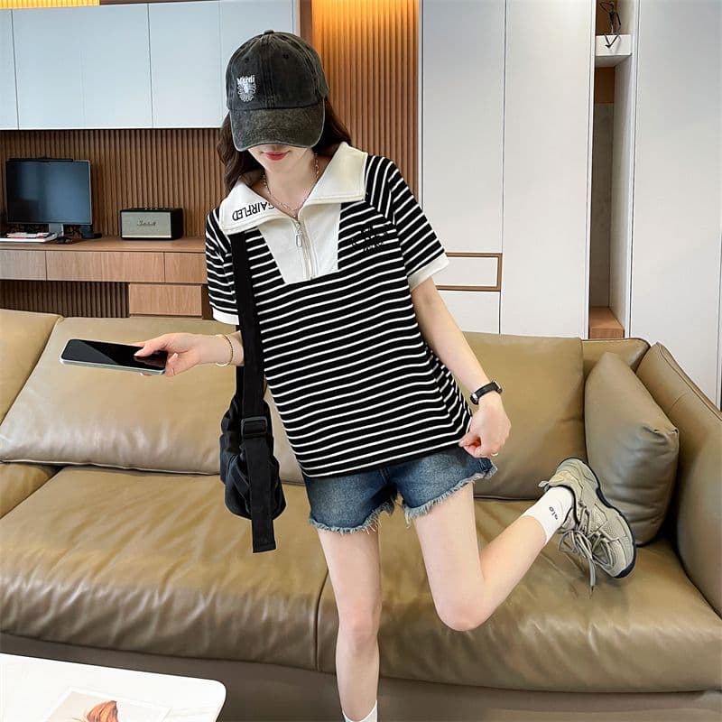 100 폴리에스터 2026 여름 새로운 한국 스타일 스트라이프 셔츠 POLO 칼라 지퍼 반팔 동정 여성 상세 이미지 14