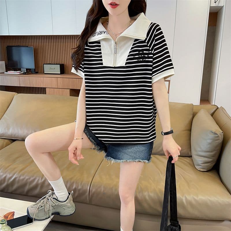 100 폴리에스터 2026 여름 새로운 한국 스타일 스트라이프 셔츠 POLO 칼라 지퍼 반팔 동정 여성 상세 이미지 15