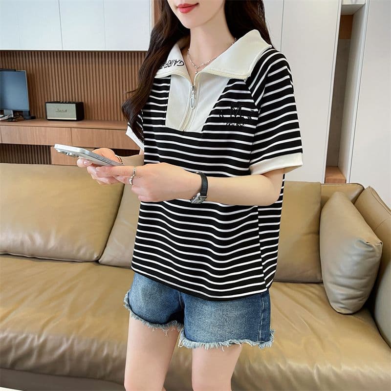 100 폴리에스터 2026 여름 새로운 한국 스타일 스트라이프 셔츠 POLO 칼라 지퍼 반팔 동정 여성 상세 이미지 17