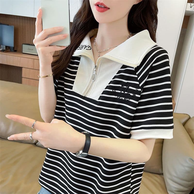 100 폴리에스터 2026 여름 새로운 한국 스타일 스트라이프 셔츠 POLO 칼라 지퍼 반팔 동정 여성 상세 이미지 18