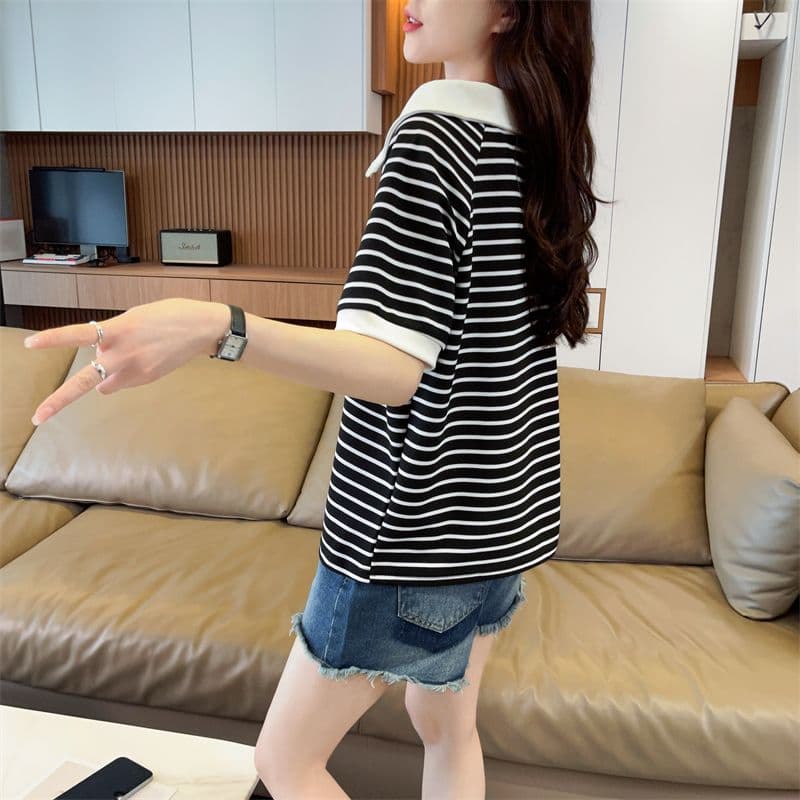 100 폴리에스터 2026 여름 새로운 한국 스타일 스트라이프 셔츠 POLO 칼라 지퍼 반팔 동정 여성 상세 이미지 19