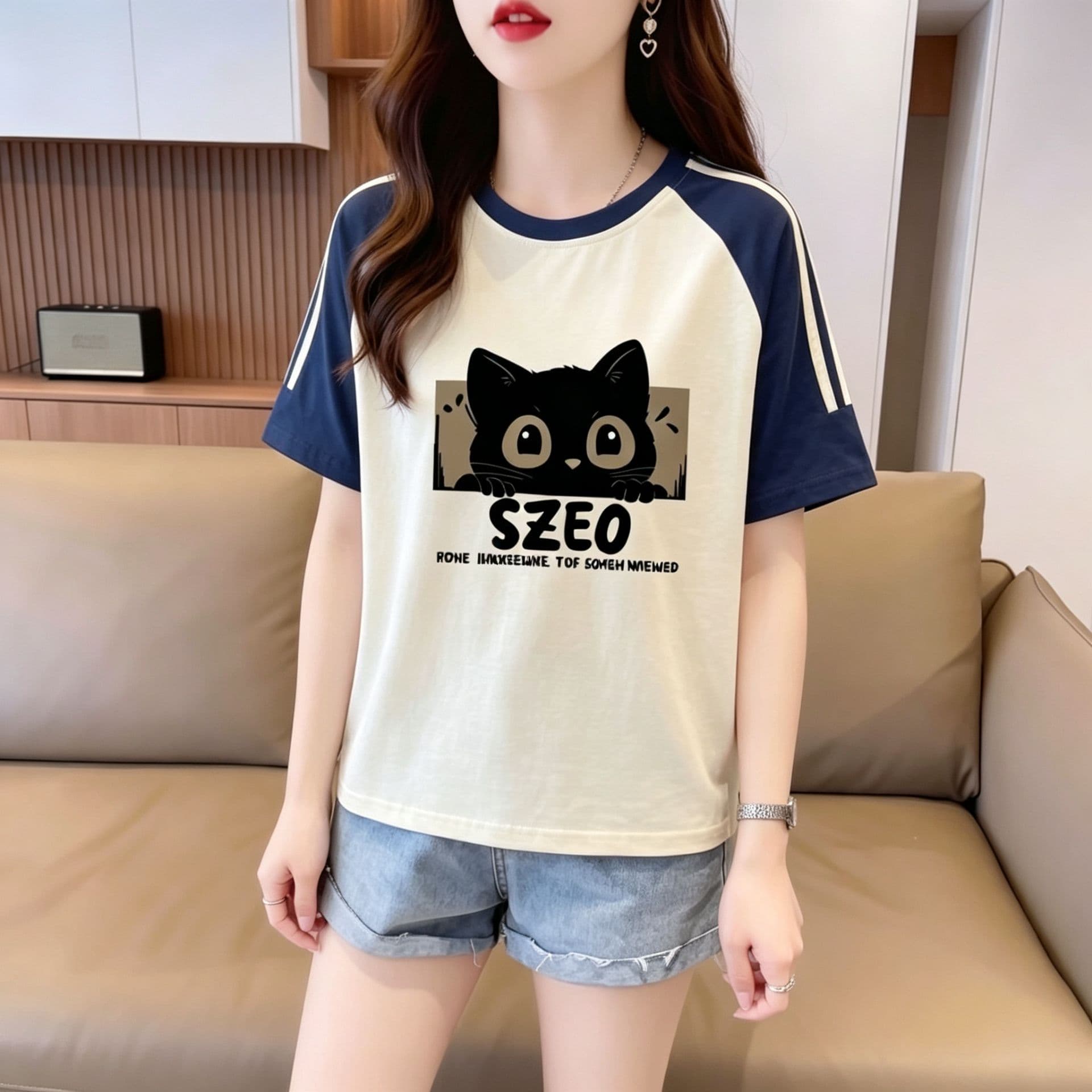 눈꽃 면 65 면 35 폴리에스터 2026 여름 새로운 한국 스타일 삽입 어깨 소매 고양이 프린트 반팔 티셔츠 여성 상세 이미지 3