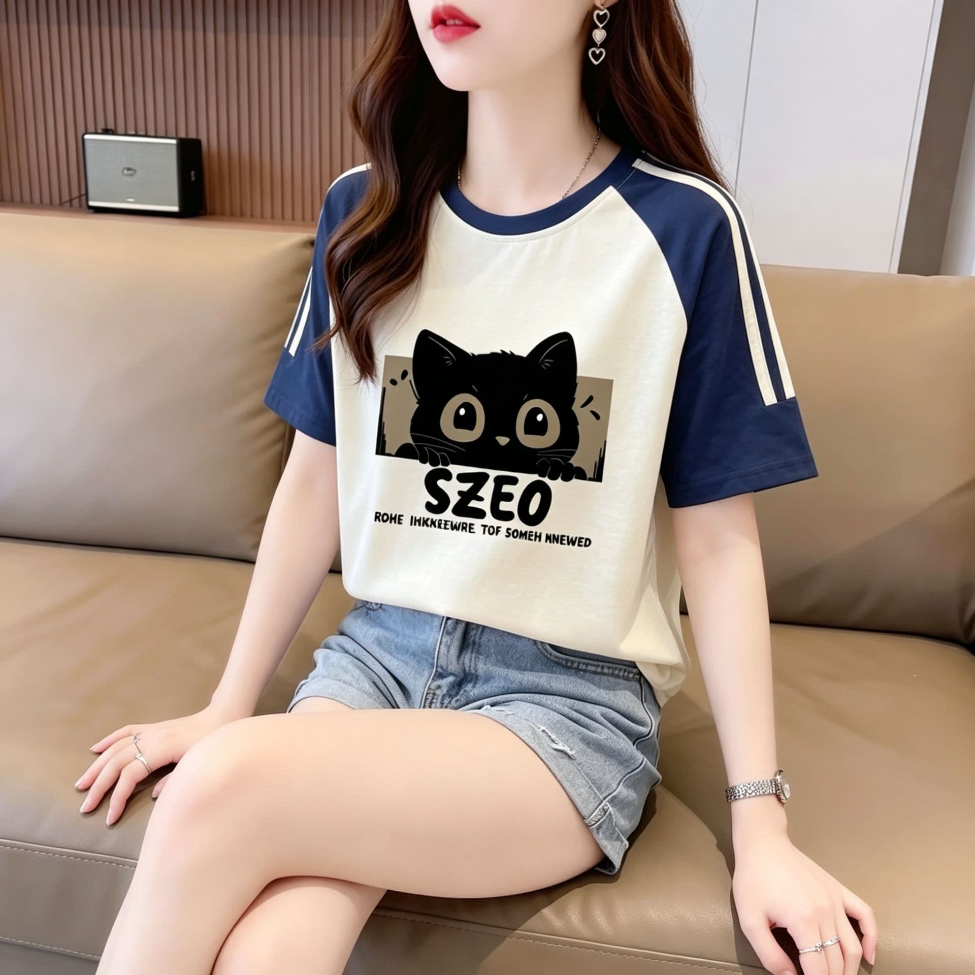 눈꽃 면 65 면 35 폴리에스터 2026 여름 새로운 한국 스타일 삽입 어깨 소매 고양이 프린트 반팔 티셔츠 여성 상세 이미지 7