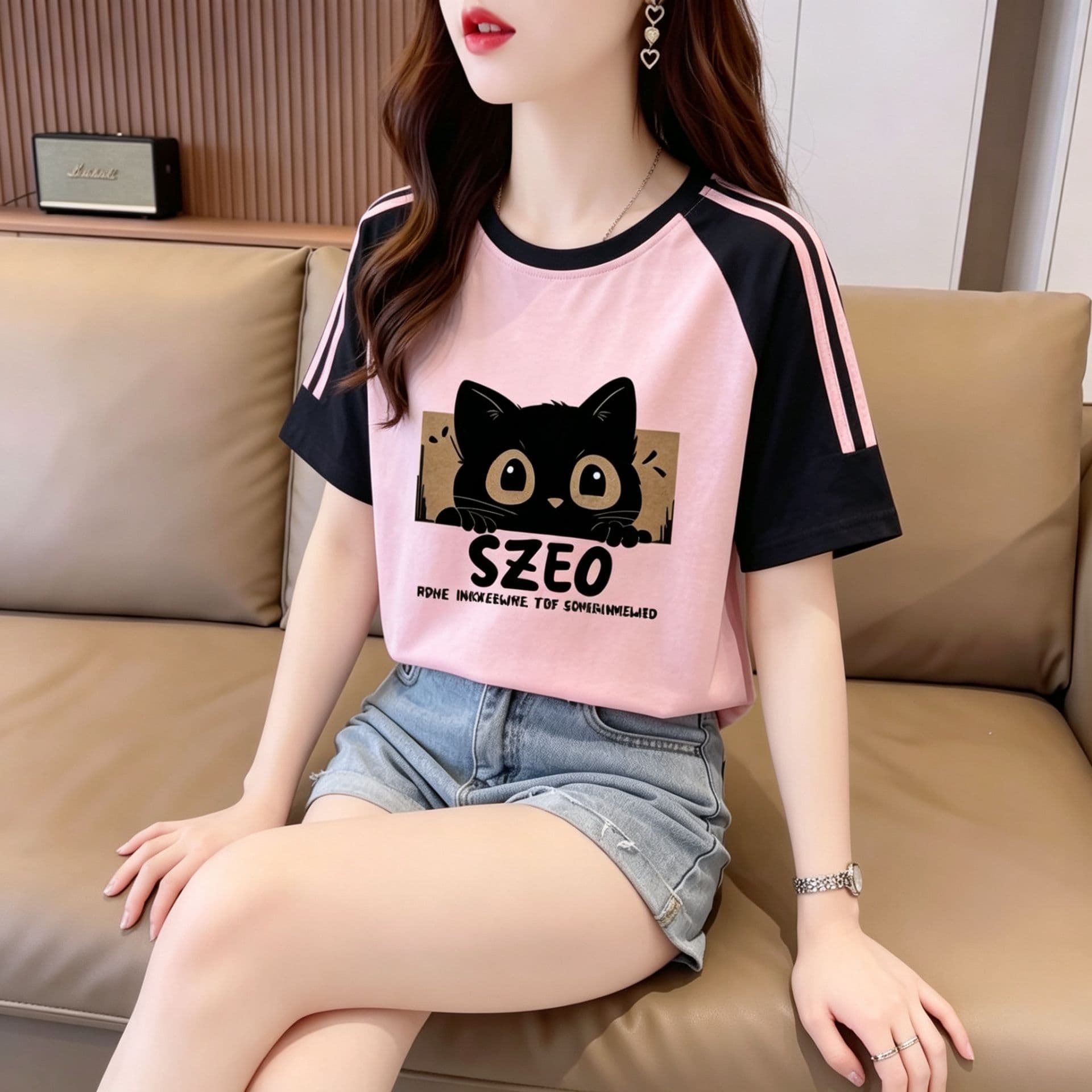 눈꽃 면 65 면 35 폴리에스터 2026 여름 새로운 한국 스타일 삽입 어깨 소매 고양이 프린트 반팔 티셔츠 여성 상세 이미지 14