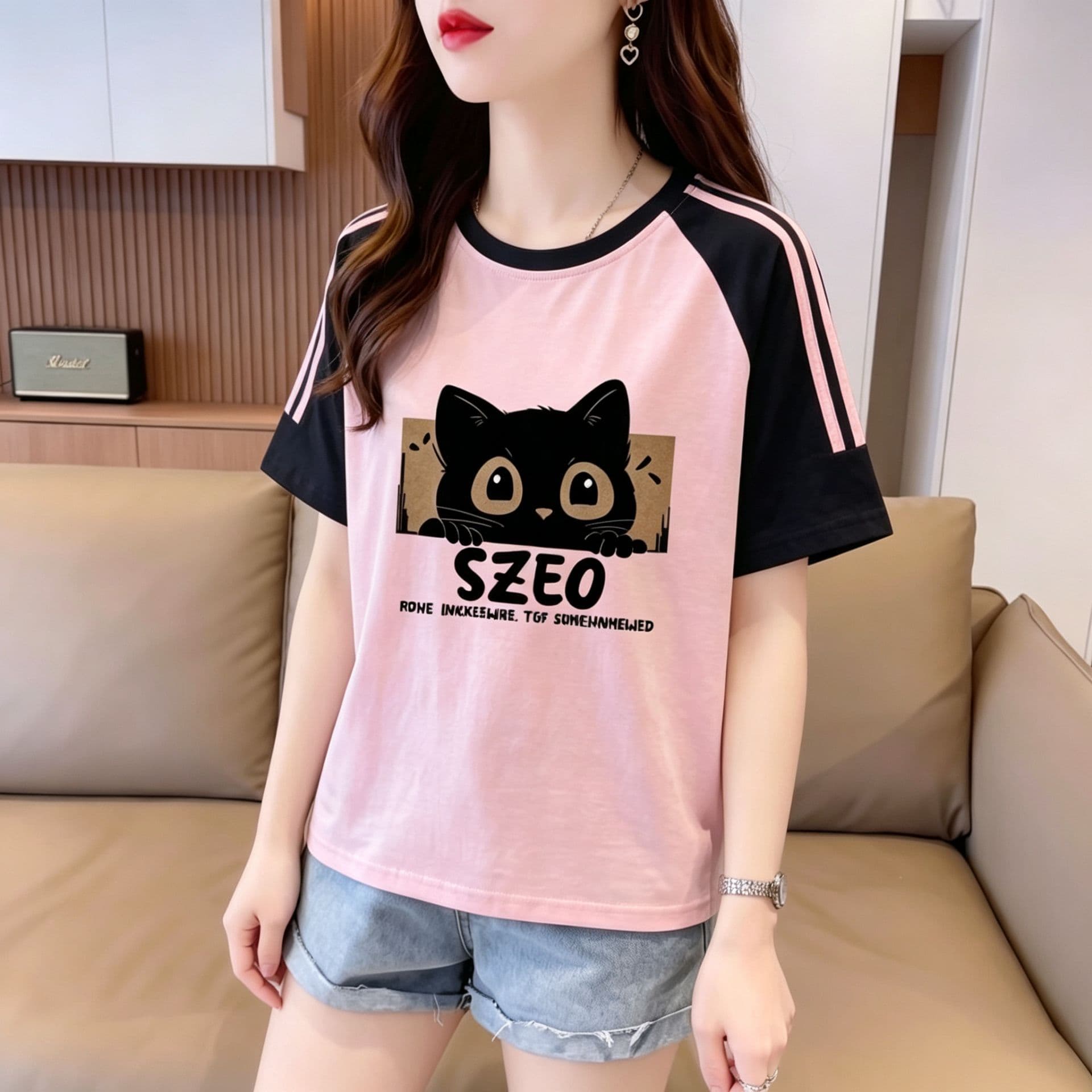 눈꽃 면 65 면 35 폴리에스터 2026 여름 새로운 한국 스타일 삽입 어깨 소매 고양이 프린트 반팔 티셔츠 여성 상세 이미지 15