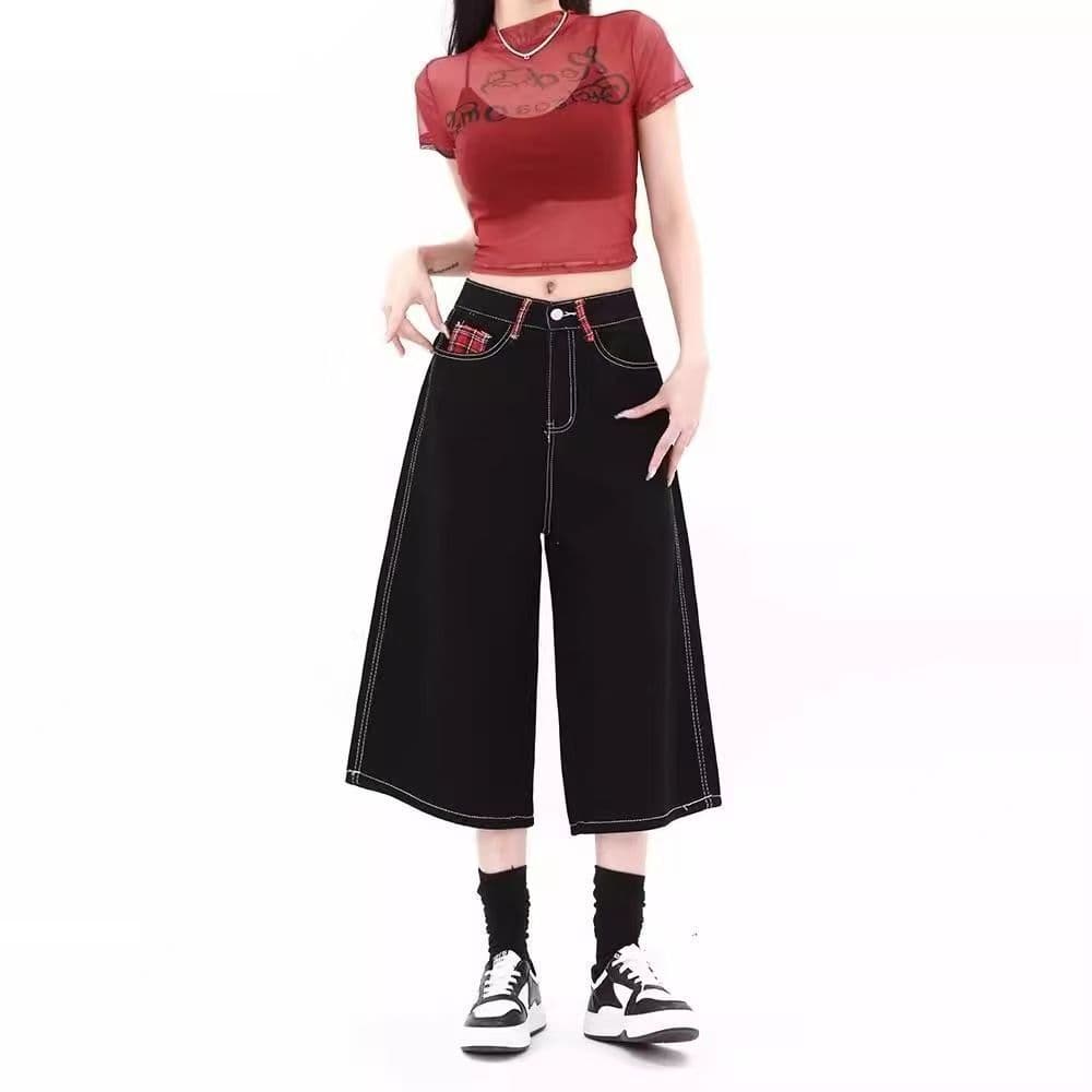 빅 사이즈 지방 mm 아메리칸 체크무늬 패치워크 데님 7부 바지 여성 2026 여름 새로운 다용도 루즈핏 넓은 다리가 짧다. 바지 이미지 3