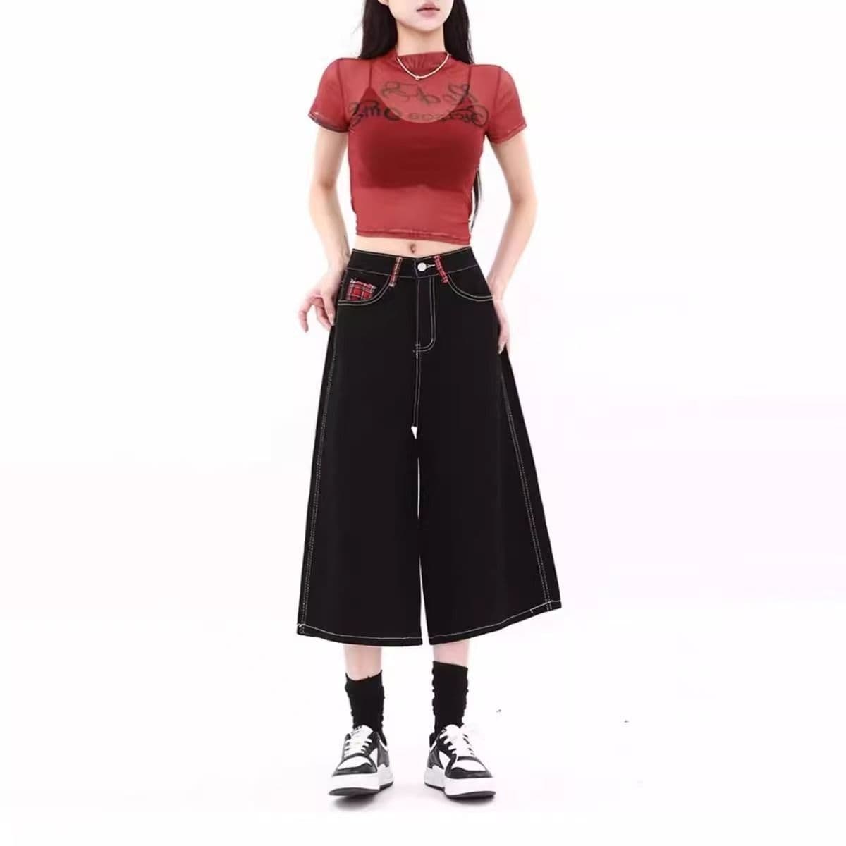 빅 사이즈 지방 mm 아메리칸 체크무늬 패치워크 데님 7부 바지 여성 2026 여름 새로운 다용도 루즈핏 넓은 다리가 짧다. 바지 이미지 2