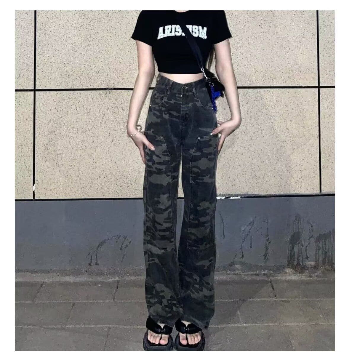 아메리칸 레트로 핫걸 카모플라주 넓은 다리 청바지 여성 봄 여름 새로운 하이웨이스트 루즈핏 슬림해 보이는 스트레이트 바닥 청소 바지