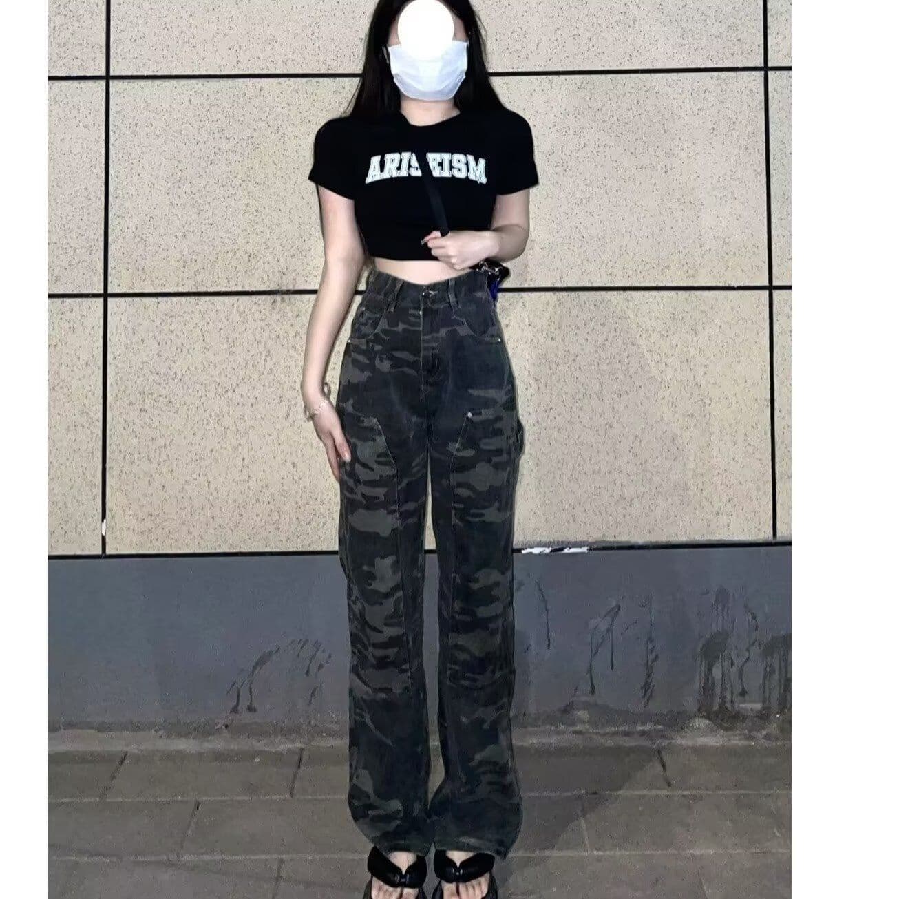 아메리칸 레트로 핫걸 카모플라주 넓은 다리 청바지 여성 봄 여름 새로운 하이웨이스트 루즈핏 슬림해 보이는 스트레이트 바닥 청소 바지 이미지 3