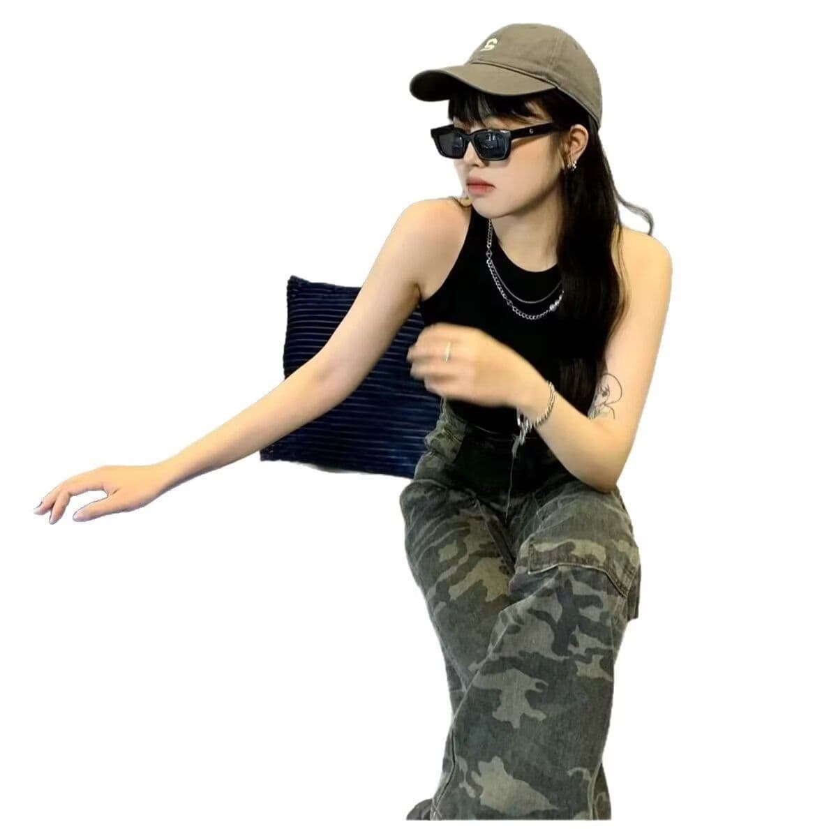아메리칸 레트로 핫걸 카모플라주 넓은 다리 청바지 여성 봄 여름 새로운 하이웨이스트 루즈핏 슬림해 보이는 스트레이트 바닥 청소 바지 이미지 5